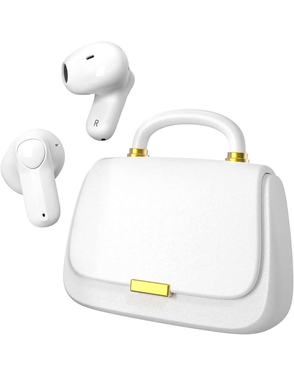 White Wireless Earbud Headphones with White Handbag Charging Case